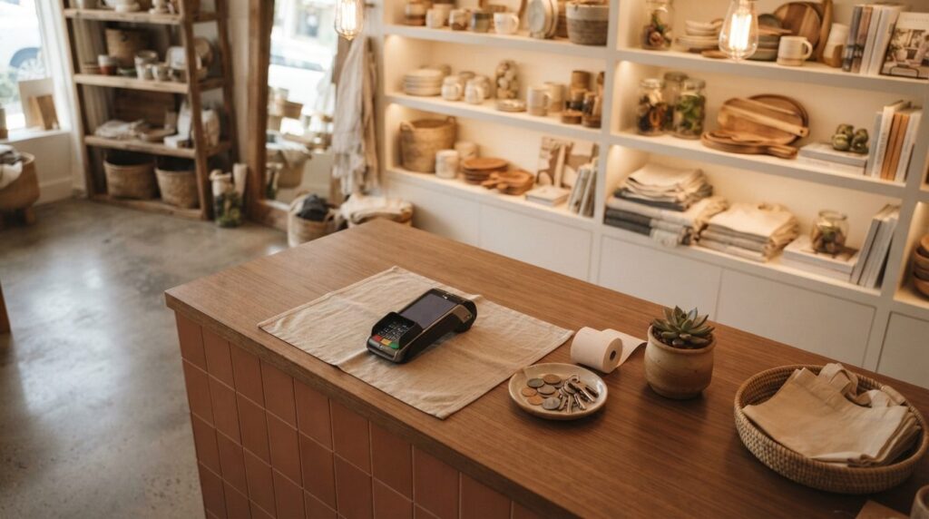 Close-up overhead view of retail store checkout counter with