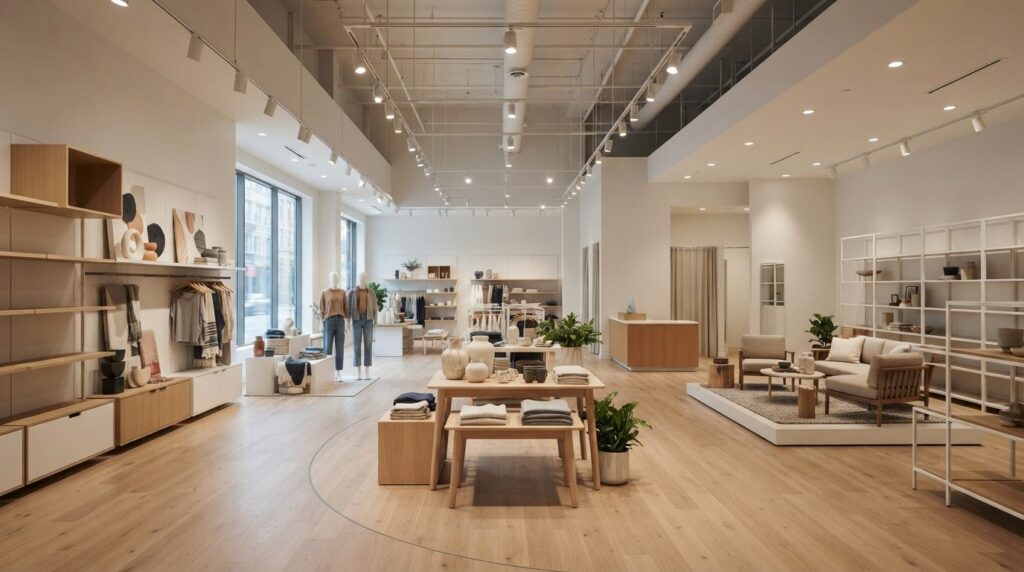 Wide angle view of empty retail showroom during setup, featu