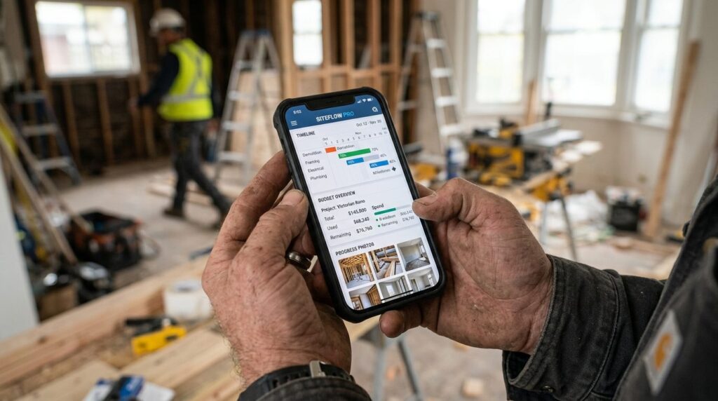 Close-up of a craftsmans hands holding a smartphone display