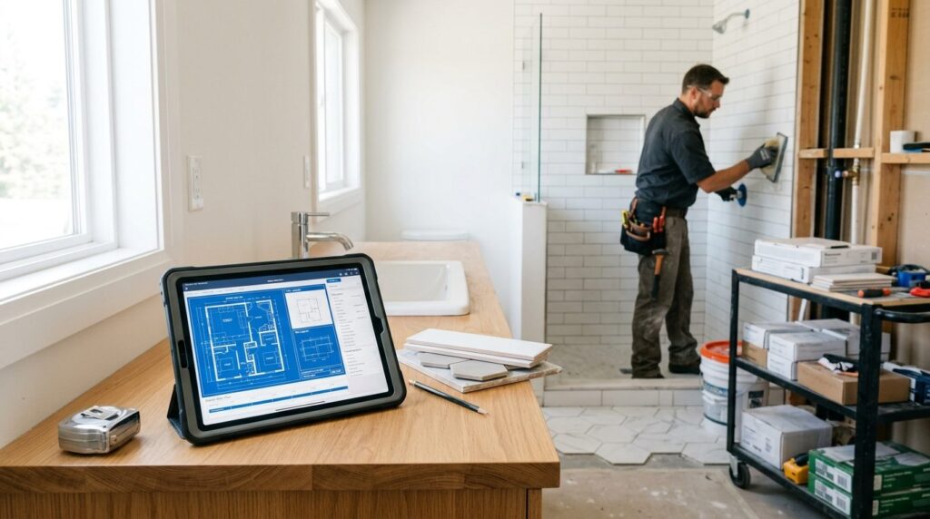 Bright bathroom renovation in progress showing organized wor