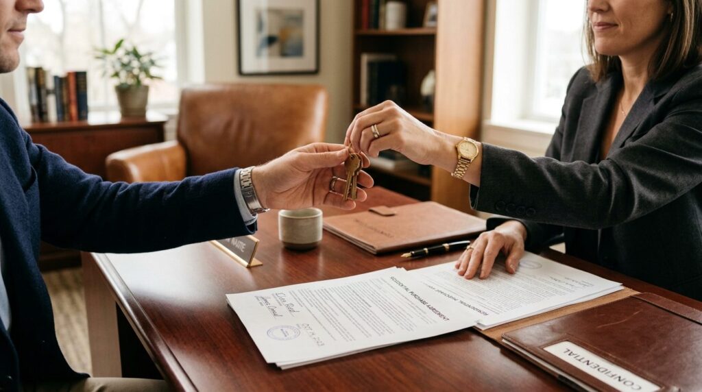 Confidential real estate transaction concept: hands of realt