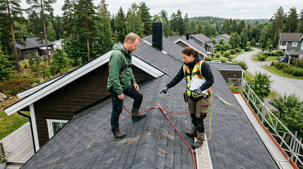 Photorealistic image of a homeowner and professional roofer