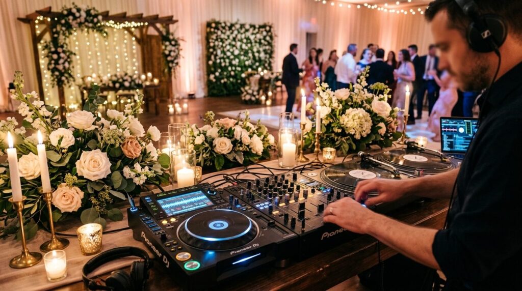 Close-up of modern DJ equipment and turntables at wedding re