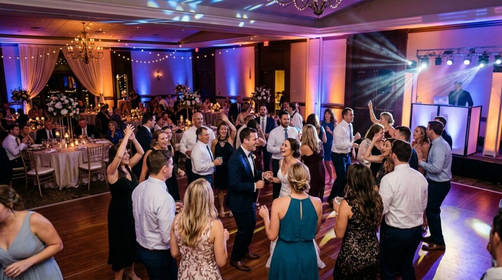 Wedding reception dance floor scene, guests enjoying music a