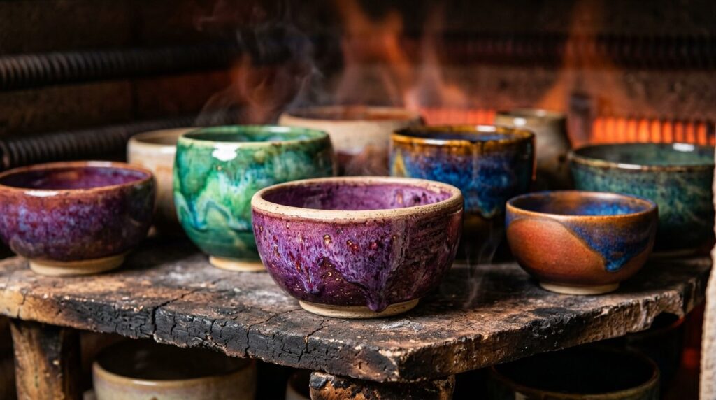 Close-up macro photography of glazed ceramic pottery in proc