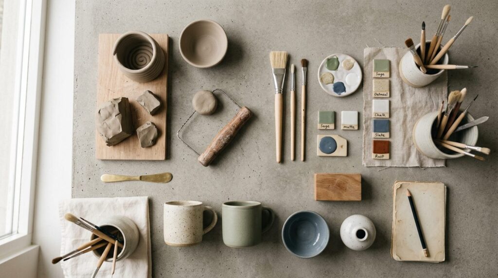 Warm overhead flat lay of a minimalist home pottery workspac