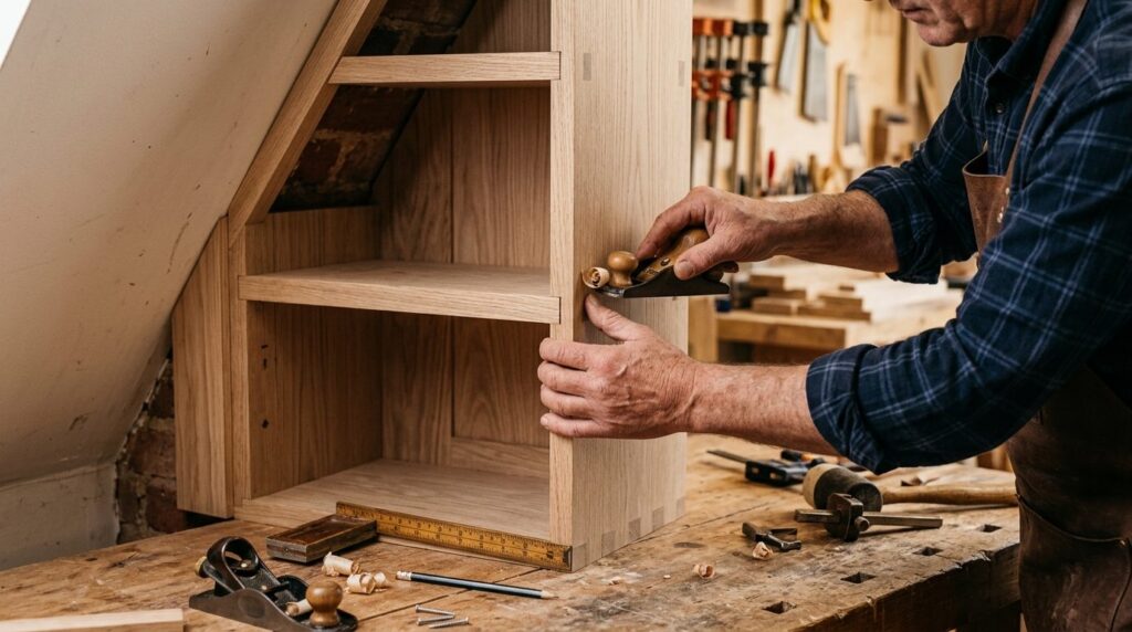 Close-up professional photograph of skilled carpenters hand