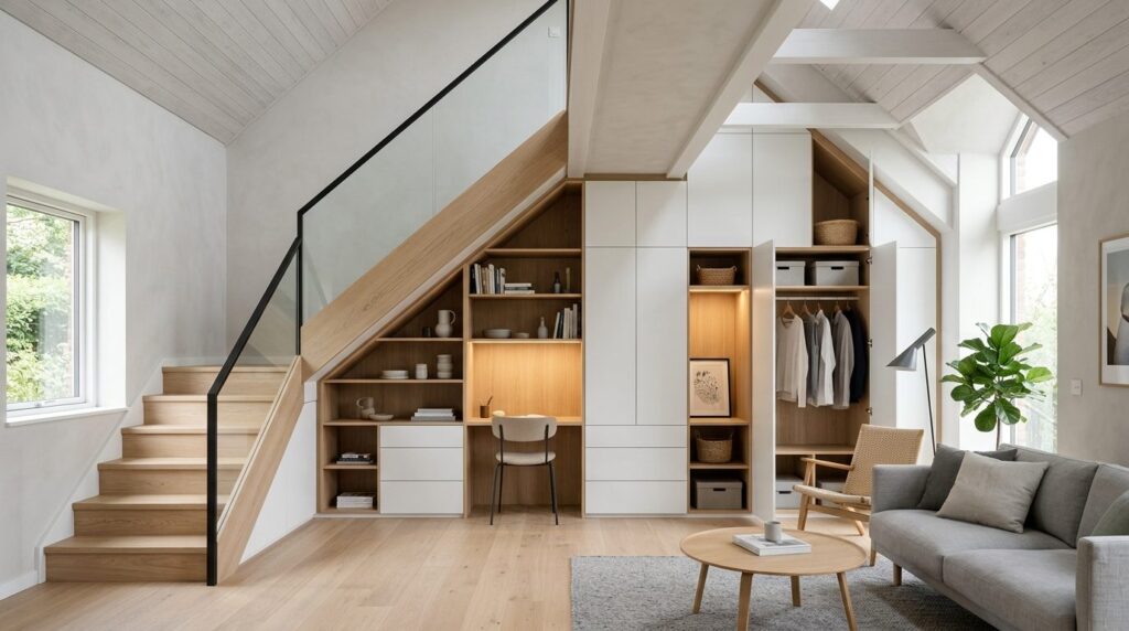 Modern Scandinavian living room featuring a floor-to-ceiling