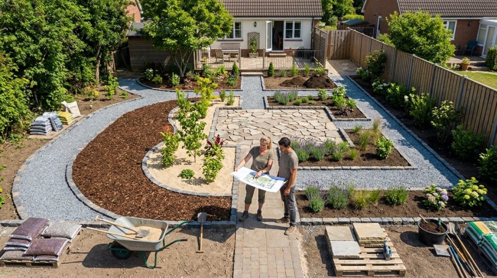 Overhead drone view of a residential garden makeover project