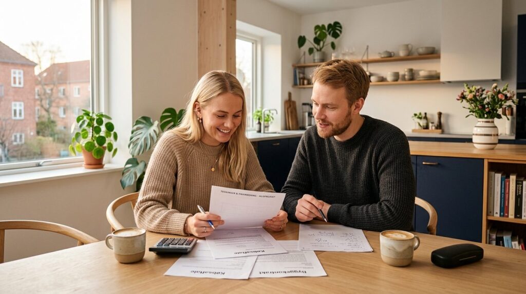 Photorealistic image of a young Danish couple reviewing buil