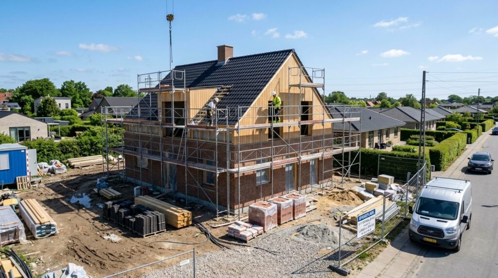 Photorealistic wide shot of a new Danish single-family house