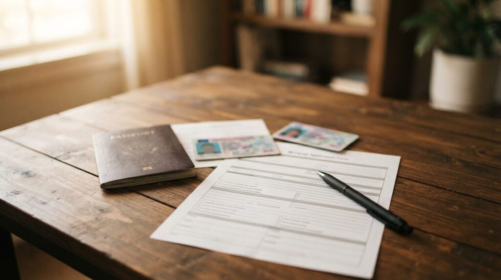 Close-up shot of a passport, drivers license, and ID docume