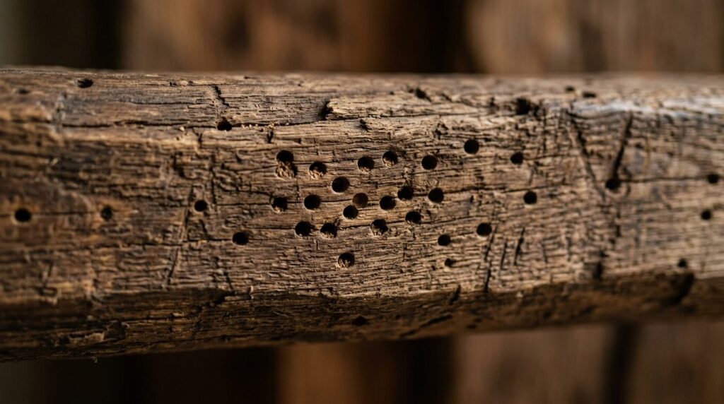 Close-up detail shot of wooden beam with visible small round