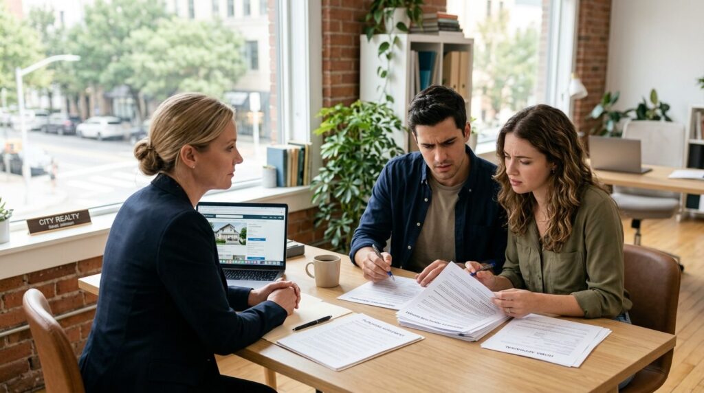 Young couple reviewing documents with concerned expression w