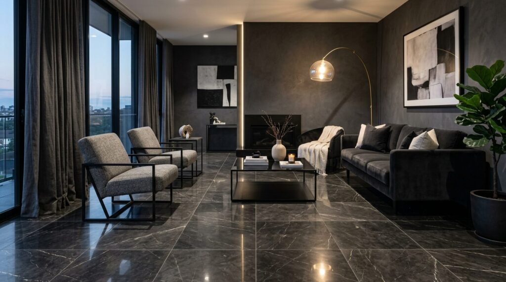 Elegant living room interior with dark charcoal and black ma