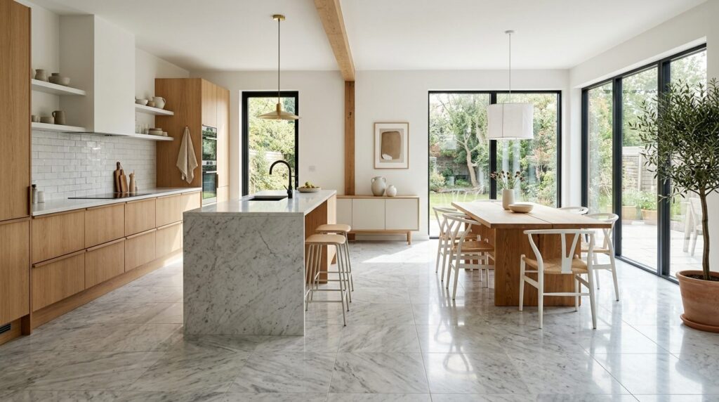 Modern kitchen and dining area with light marble tiles in so