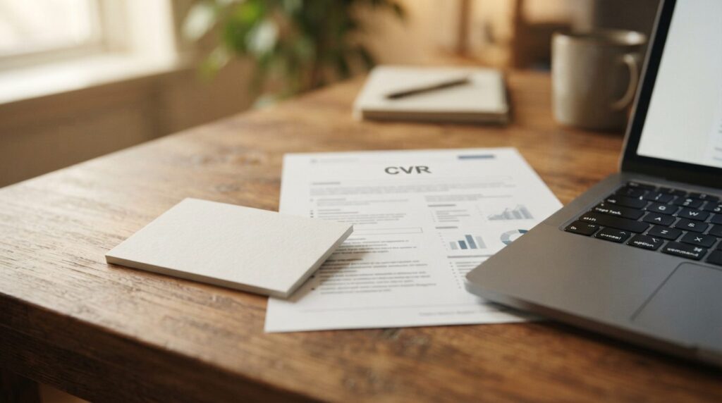 Close-up of a professional business card and CVR document on