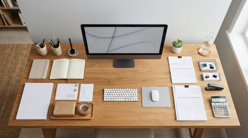 Aerial view of organized home office workspace with computer