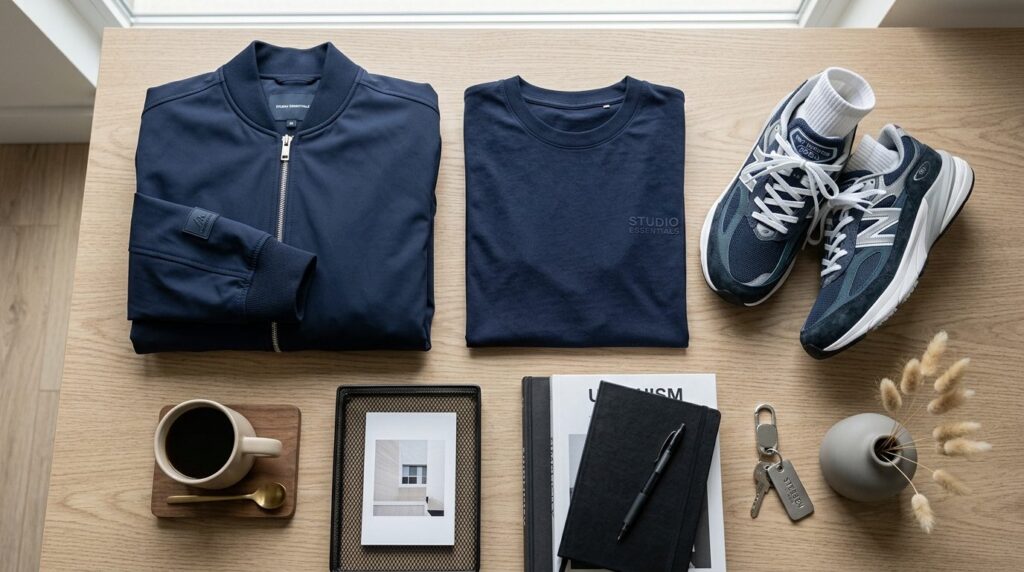 Close-up flat lay photography of luxury streetwear essential