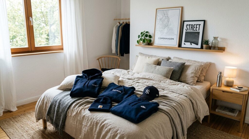 Lifestyle interior photograph of a Scandinavian-inspired bed