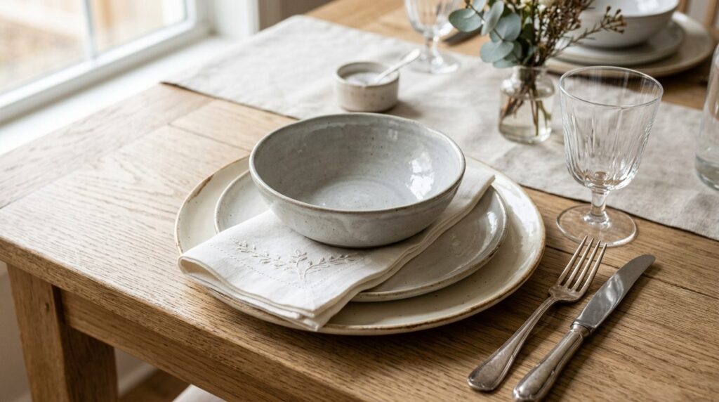 Close-up detail photograph of a curated tablescape showing l