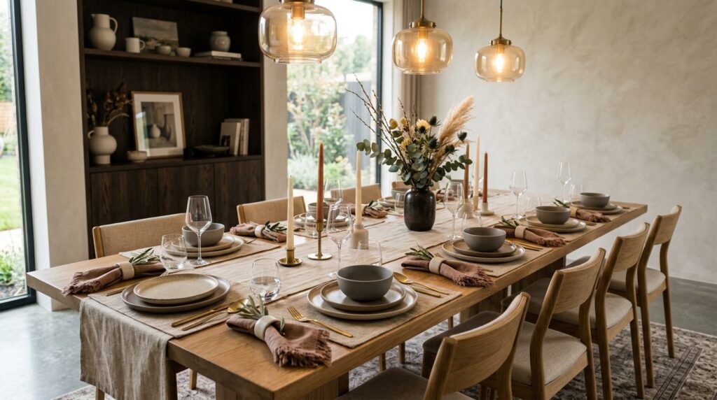 Styled interior photograph of a modern dining room with a re