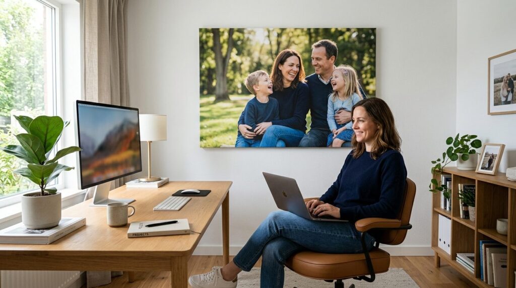 Modern home office featuring an oversized personalized famil