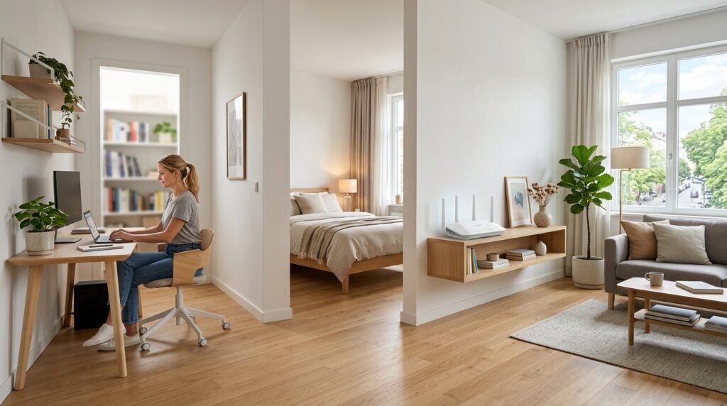 Wide-angle professional photograph of a bright, newly renova