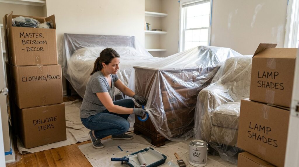 Close-up shot of a homeowner moving and protecting furniture
