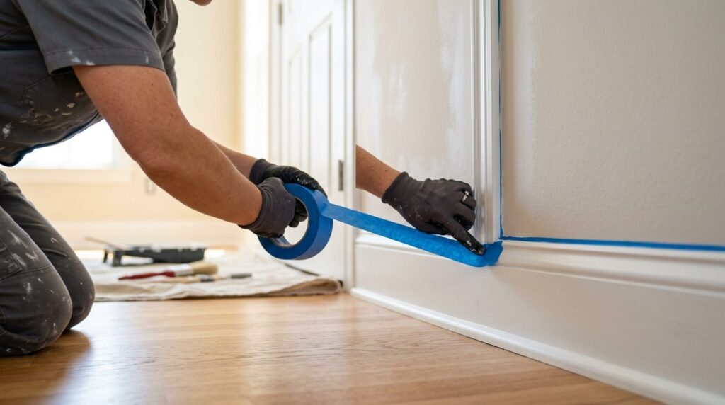 Detailed view of painters tape being applied to baseboards,