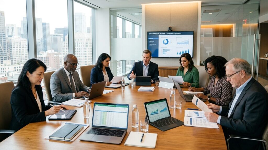 Wide shot of a diverse group of board members sitting around