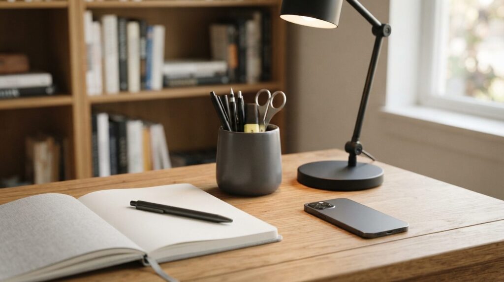 Close-up of organized home office desk essentials including