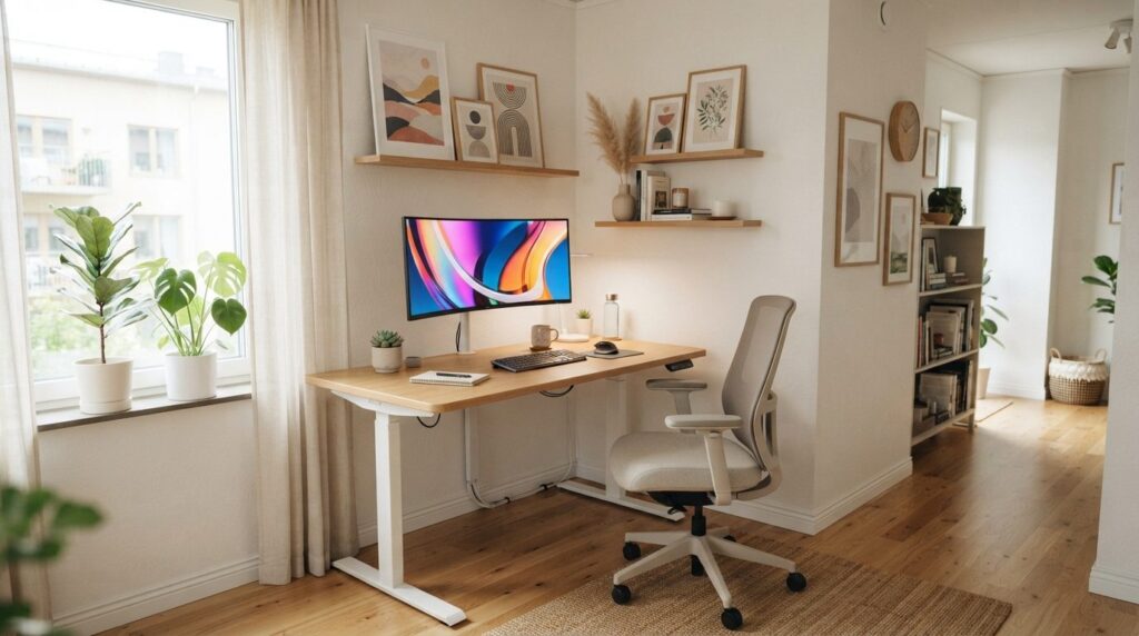 Wide shot of bright home office corner with standing desk, e