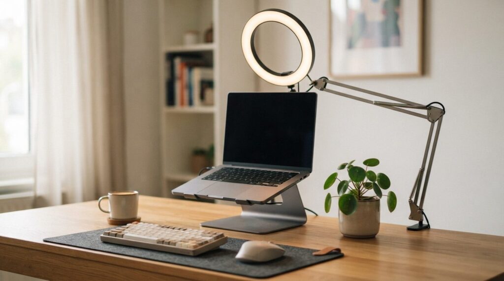 Close-up of a professional home office desk setup for video 