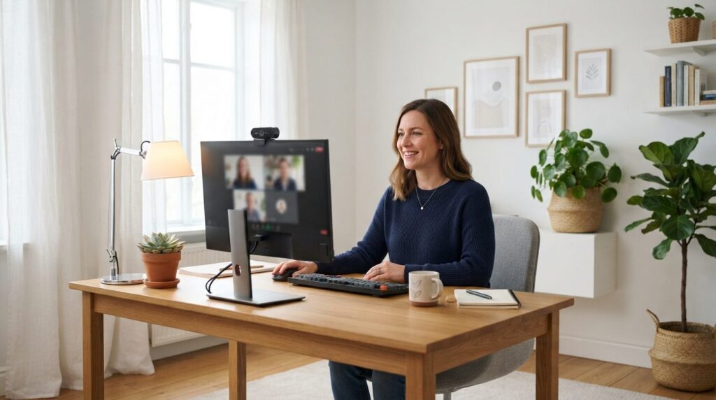 Bright, airy home office with optimal video call lighting se