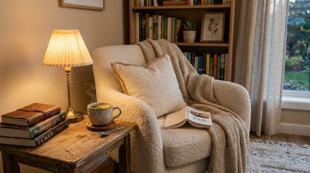 Close-up photograph of a cozy reading nook with soft texture