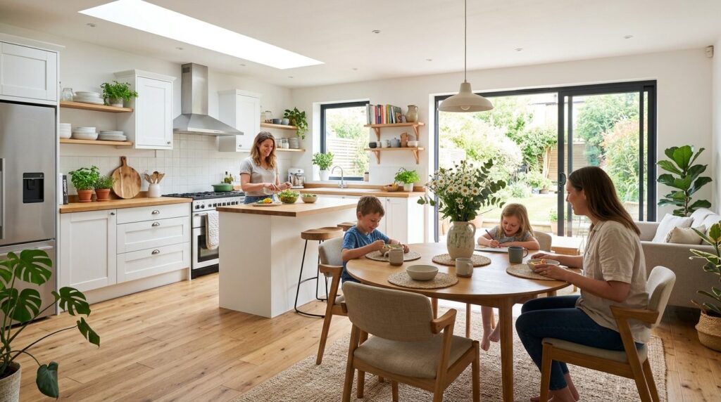 Wide shot of a bright modern kitchen-dining area with open l