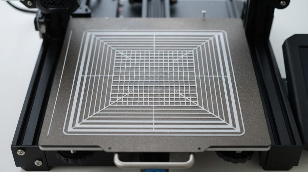 Detailed overhead view of a 3D printer bed with a first laye