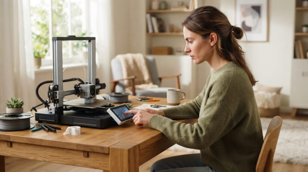 Home workspace scene with a person sitting at a desk operati