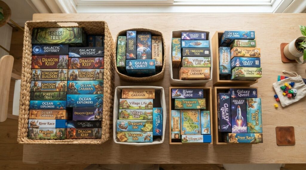 Overhead flat lay composition of board game collection organ