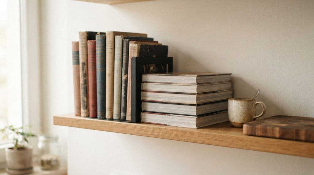 Close-up detail shot of a small kitchen shelf displaying vin
