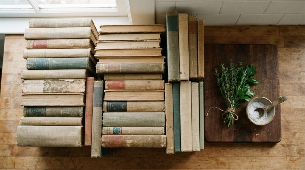 Overhead flat-lay composition of carefully curated used cook