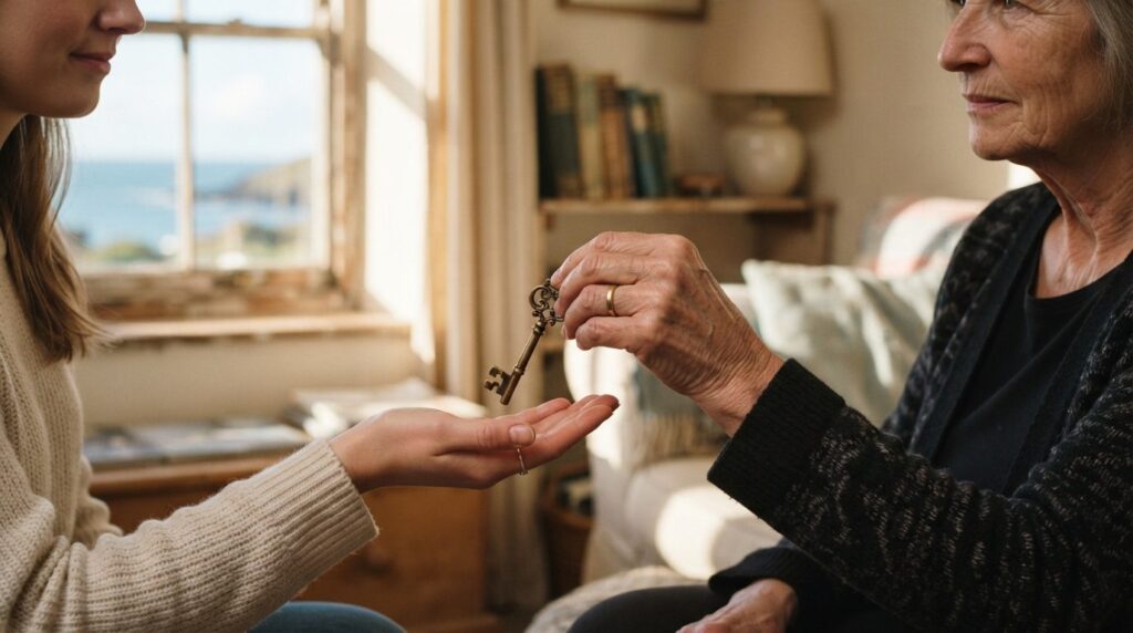 Close-up professional photograph of mature hands passing an 