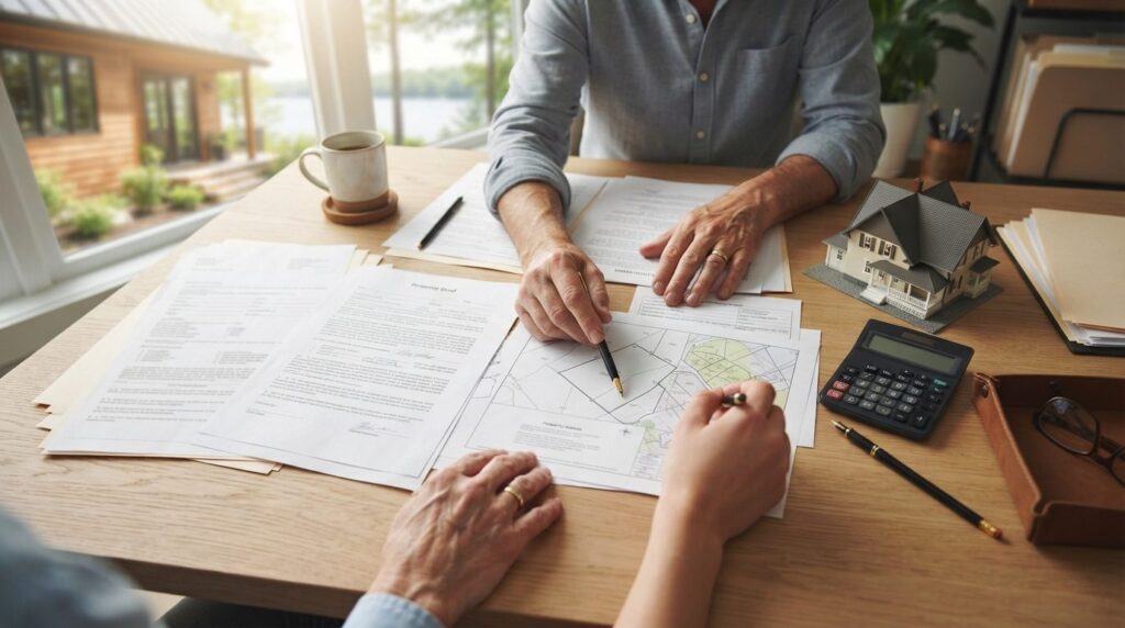 Bright overhead shot of family estate planning documents, le