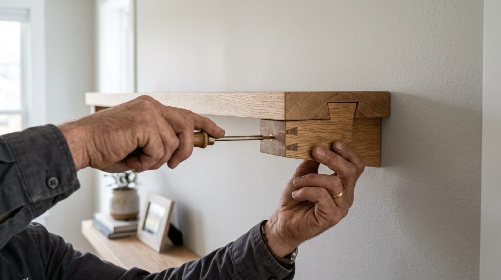 Close-up of skilled tradesmans hands installing handcrafted