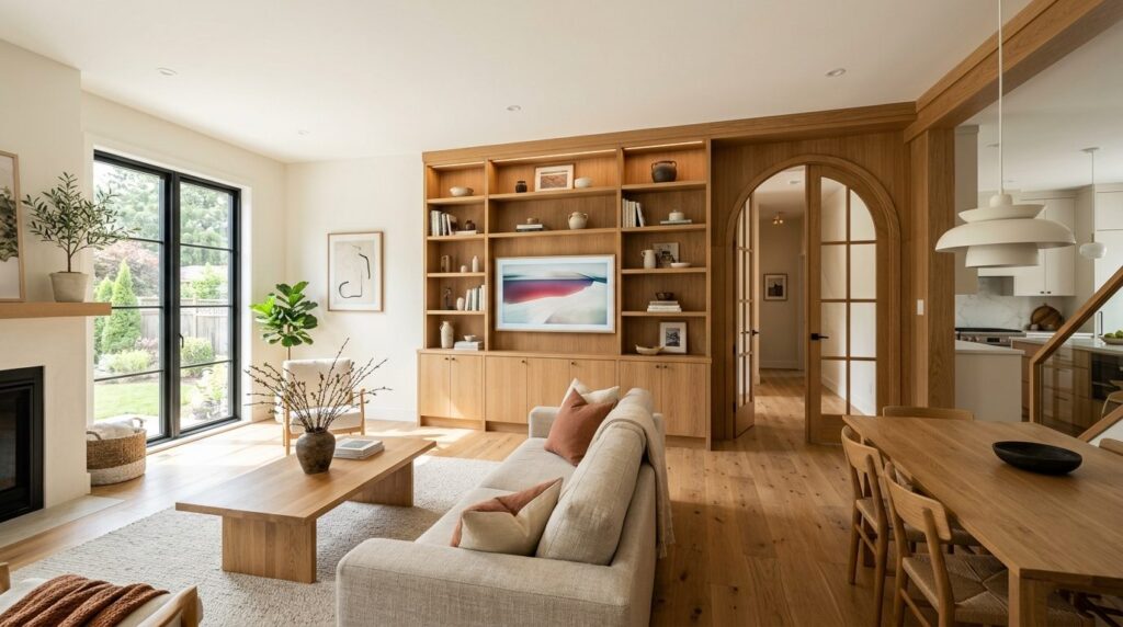 Renovated home interior showcasing custom wooden architectur
