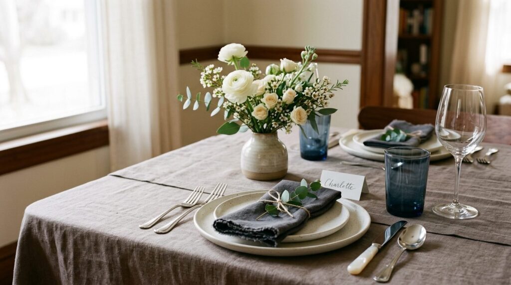 Close-up detail shot of a sophisticated table setting with p