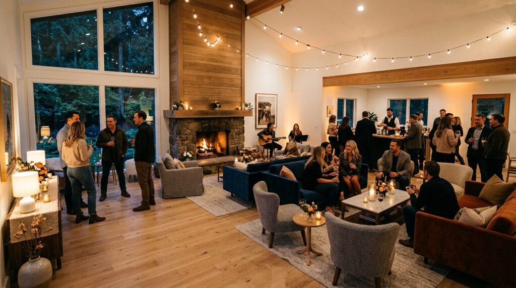 Wide angle view of a Scandinavian living room transformed in