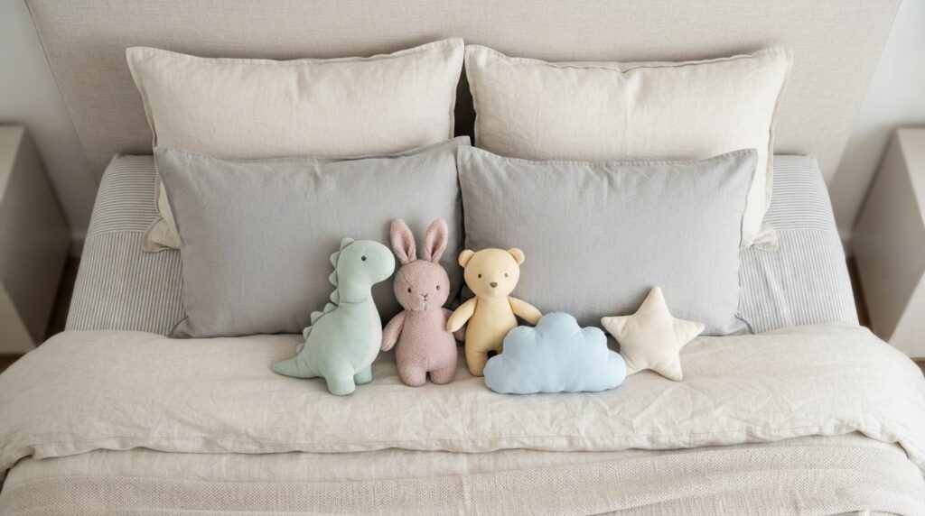 Close-up overhead flat lay of coordinated bed pillows and pa