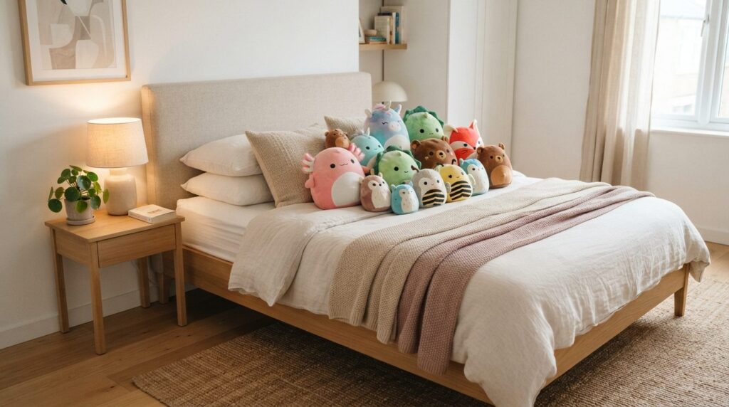 Styled bedroom corner shot showing made bed with layered pil